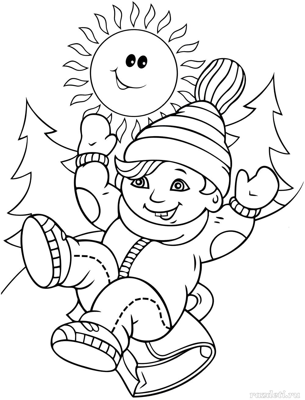 Раскраска мальчик катается на портфеле, снег, горка, солнышко. Скачать Зимние.  Распечатать Зимние